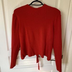 Red Knit Mock Neck Long Sleeve Open Back Tie Pullover Sweater Women's